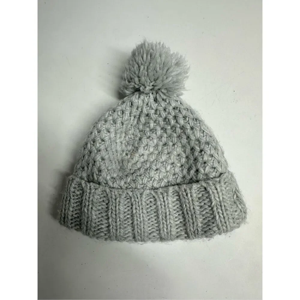 Old Navy Knit Kids Beanie Hat Gray Lined Pompon Size 12 -24 M